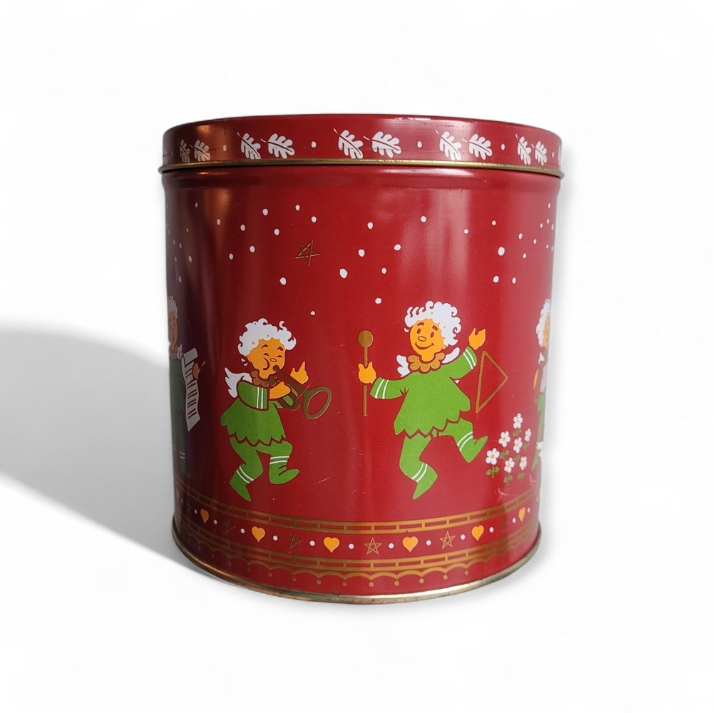 Vintage Nordic Red Holiday Tin with Angel Design Retro Christmas